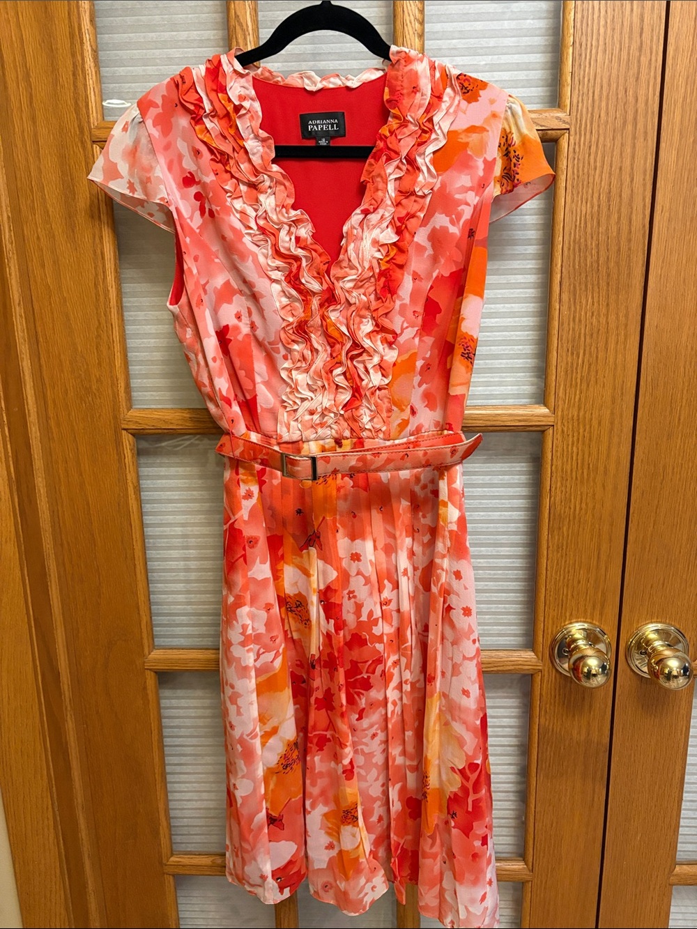 EUC Adrianna Papell Silk Coral and Peach Floral Ruffle V-Neck Dress